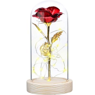 China Never Fade Ready To Ship Glasses To Cover Decorative Flower Artificial Gold Rose Forever Shining Plastic Flower LED For Valentine's Day Lovers for sale