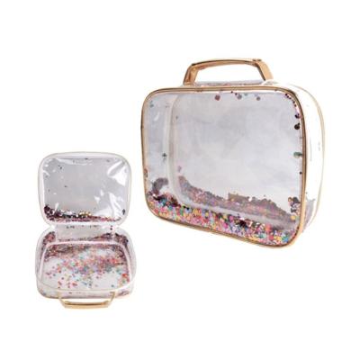 China Fashion Portable Pockets Travel Toiletry Bags Eco-Friendly PVC Clear Confetti Decorated Makeup Cosmetic Bag for sale