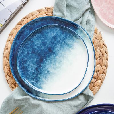 China Viable Hot Sale Blue Gradient Ceramic Steak Dinner Plates And Hand Painted Dishes Blue for sale