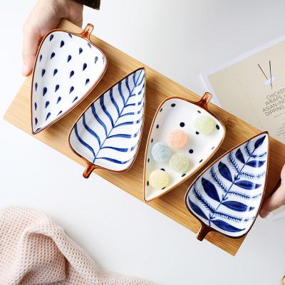 China Sustainable Creative Blue And White Hand Painted Leaf Shaped Ceramic Snack Saucer Dishes for sale