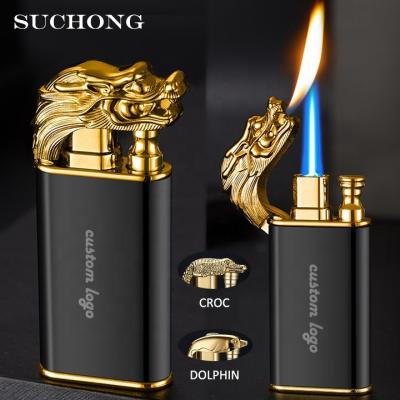 China Refillable Jet Flame Lighters Logo With Support Custom Dragon Croc Tongue Armor Lighers Cigarette Refill GAS Gas Lighter Dual Torch Cool Flame for sale