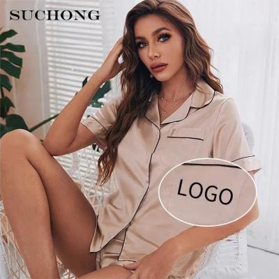 China Custom QUICK DRY Short Sleeve Satin Sleepwear Amazon Hit Notch Collar Two Piece Pajama Sets For Women for sale