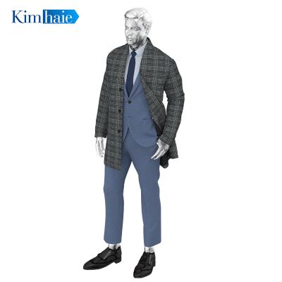 China Fashion Gray Wool Overcoat Men's Long Check Overcoat And Blends Outwear Autumn Winter Shawl Collar Long Coat For Men for sale