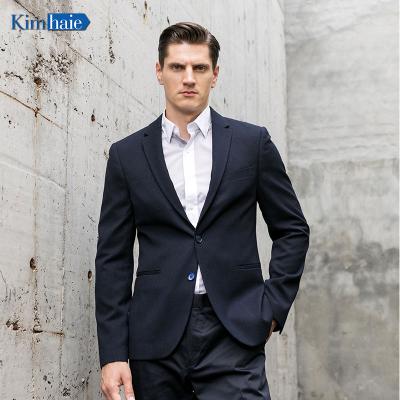 China best selling Anti-wrinkle men's dark navy knit look 2 button notch lapel center duct single breasted slim casual easy wear slim blazer for sale