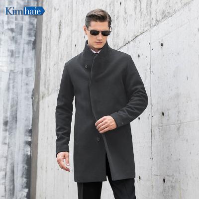 China Viable high quality men's dark gray blend stand collar hidden placket recycled long parka winter coat pea wool coat for sale