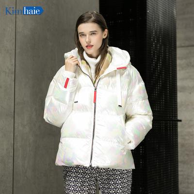 China New fashion waterproof ladies down jacket white reflective women's warm hooded jacket print stripper jacket for sale