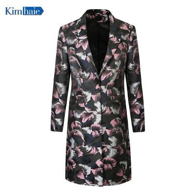 China Plus Size 2021 New Design Fashion Overcoat Along Center Black Led Lapel Notch Jacquard Flower Ladies Overcoat for sale