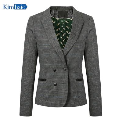 China Double breasted blazer ladies waist check blazer stretch plus lapels Gray Ladies Suits Dark Regular woolen women's double breasted blazer for sale