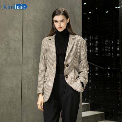 China New Design Jacket 2021 New Design Brown Women Blazer Coat Causal Wear Plus Size Houndstooth Stretch Blazer Ladies Plus Size Notched for sale