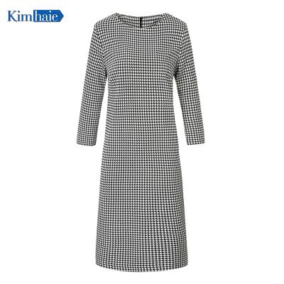 China New Design Elegant Women Breathable Long Houndstooth Dress Check Work Casual Black And White Ladies Dress Maxi Standard Autumn Plain Dyed for sale