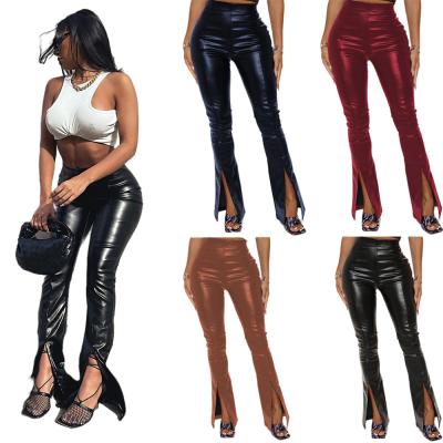 China 2021 Wholesale American Classic Waist Anti-Wrinkle Stretch New PU Leather Women Long Split Flare Pants for sale