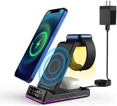 China Portable Foldable Cell Phone 5 in 1 Wireless Charger Stand Phone Charging Station Pad Dock for iPhone AirPods Apple Watch with Alarm Clock for sale