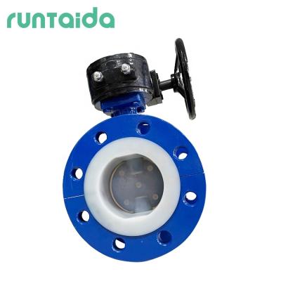 China Turbine general malleable iron manual gearbox ptfe lined industry worm gear actuator double 4 inch flanged butterfly valve for sale