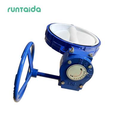 China PN16 PN10 DN50-DN600 General Corrosive Liquids Wafer Seal Full PTFE Jacketed Industry Manual Worm Gear Actuator Butterfly Valve for sale