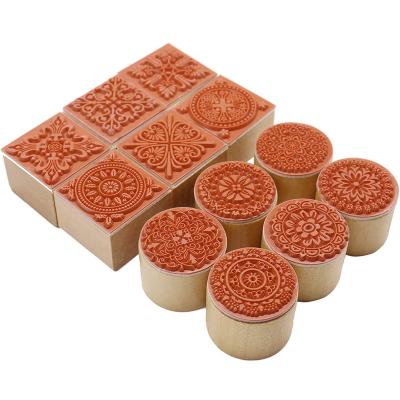 China 12Pcs Office Wooden Stamps Pattern Rubber Stamp Floral Round and Square Lace Wooden Rubber Stamp for DIY Scrapbooking and Craft Card for sale