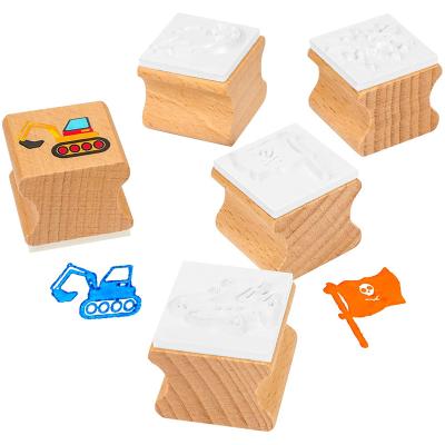 China Office Kids Stamps Set, Boy Wooden Rubber Stamp With Colorful Ink Pad Pencil, Holiday Place Craft Stamp For Stamping Scrapbooking Craft for sale