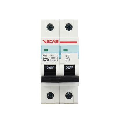 China VECAS MCB A60 2P 25 years professional manufacturer Miniature circuit breaker 6,10,16,20,25,32,40,50,63 Amp 1P 2P 3P 4P for sale