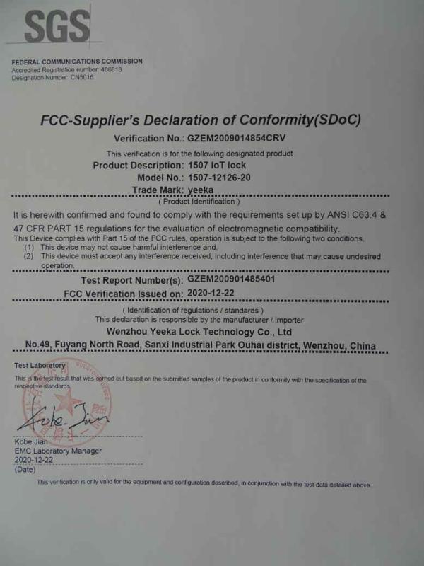 FCC - Wenzhou Yeeka Lock Technology Co., Ltd.