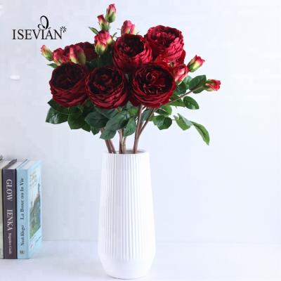 China ISEVIAN Rose Fabric Durable Silk Open Wine Red Artificial Rose Flower Single Mini Rose for sale