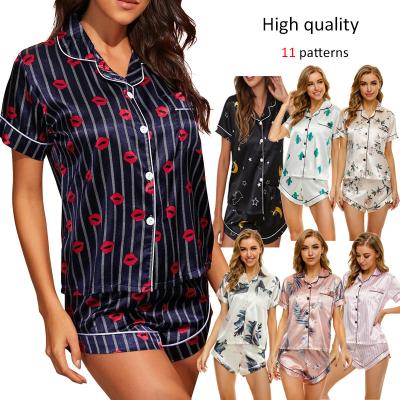 China New style women summer QUICK DRY V-neck 2 piece shorts set floral print satin pj set sleepwear pajamas set for sale