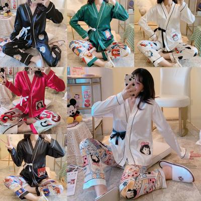 China Wholesale Designer 2 Piece Thermal Sleepwear Silk Pajamas Sets Autumn Long Sleeve Pants Pajamas for sale