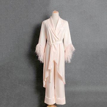 China Autumn and winter women feather sleepwear QUICK DRY pink long robe 2 piece set homewear long sleeve pajama set for sale