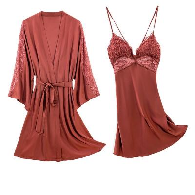 China Breathable Spring 2 Piece Nightgown Lace Satin Silk Long Robe And Autumn Women Sexy Nightgown for sale