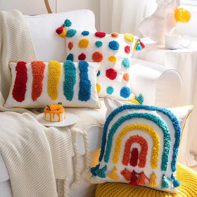 China Anti-pilling Moroccan Rainbow Cushion Cover Canvas With Tassel Decor Designer Modern Nordic Home Eco-Friendly Tile Case for sale