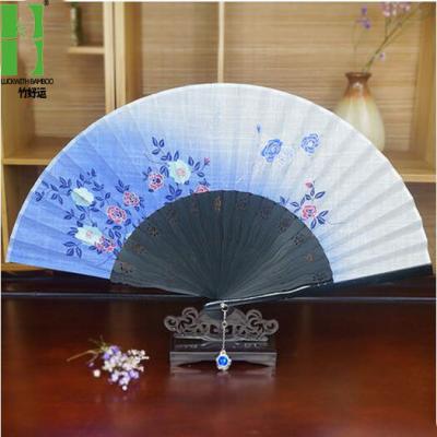 China Custom China Bule Folding Chinese Silk Bamboo Fan With Flower for sale