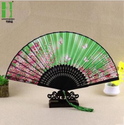 China China Green Japanese Silk Folding Bamboo Fan for sale