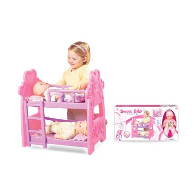 China Hot Selling Kid Pretend Play Furniture Sleep Double Bed Baby Bed Toy Baby Rocking Cradle Set With Two Doll 75.5*10.8*40.2CM for sale