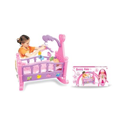 China Hot Selling Child Pretend Play Furniture Sleeping Bed Crib Toy Baby Rocking Cradle Set With Doll 75.5*10.8*40.2CM for sale