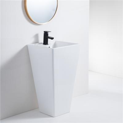 China Modern Elegant Square Shape Bathroom Wash Basin Face Hand Wash Pedestal Sink Ceramic Free Standing Sink Basin With Pedestal for sale