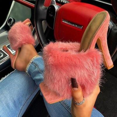 China Fashion Trend Lady Toe Slipper Summer Sandals Summer Square Wear Female Mules Fluffy Peep Shoes Women Shoes Block Heel Faux Fur Block Heel Slides for sale