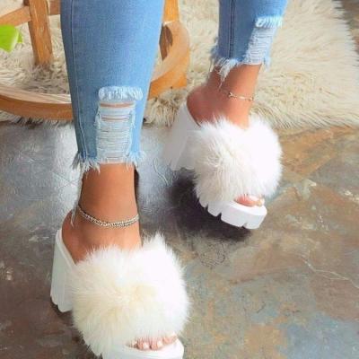 China Fashion Trend 43 Women's Summer Shoes Summer Wear Block Heel Soft Open Toe Lady's Large Size Fluffy Slippers Sandals Platform Mules In White for sale