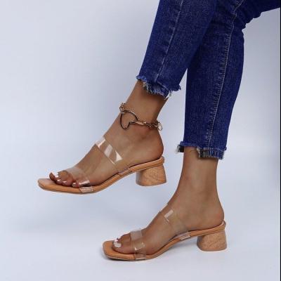 China Fashion Trend Picnic Women Slides Chunky Clear Toe Chunky Summer Clear Perspex Double Strap Lady Mules Square Peep Female Slippers Slippers Heels Sandals for sale