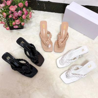 China Fashion Trend Woven Strap Clear Perspex Flared Block Heeled Women Slips Peep Square Toe Slippers Lady Strappy Sandals Female Flip Flops for sale