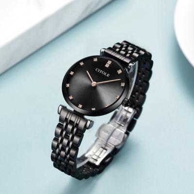 China CITOLE Simple Water Resistant Stainless Steel Watch Black Sapphire Glass Diamond Dial Rose Gold Ladies Quartz Wristwatches For Women for sale