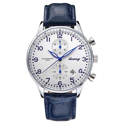 China Chronograph Analog Blue Leather Strap Waterproof Men Quartz Wrist Watch for sale