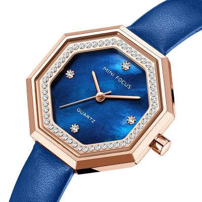 China Chronograph Mini Focus 0304L Fashion Elegant Women Quartz Watches Blue Lady Watch Diamond Iced Out Leather Strap Brand Luxury for sale