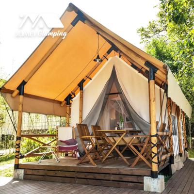 China Large Luxury Hotel Project Waterproof Outdoor Safari Tent Glamping Prebuilt House Poles Resort Camp Tent Wooden Beach Tent for sale