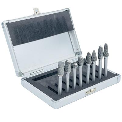 China Metal Carving Rotary Burr Set Aluminum Box Packing 8-Piece 8MM Shank Metal Double Carbide Cutting 1/4