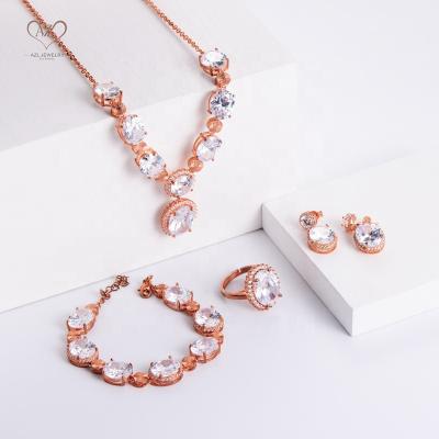 China AZL Joyeria Fina Custom Zircon Diamond Wedding Maid Romantic Necklace Rose Gold Brass Silver Jewelry Sets Women for sale