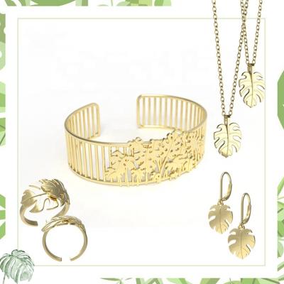 China AZL Joyeria Oro Monstera Botanical Inspired Copper Brass Gold Foil TRENDY Tropical Plant Fine Jewelry Sets Women for sale