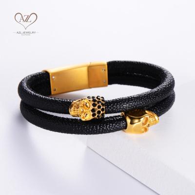 China Leather Jewelry Bracelet Men Diamond Gold Plated Skull Charms AZL Pulseira Masculina De Couro Black Stone Environmental Friendly Zircon for sale