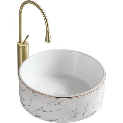 China Modern Luxury Europe Round Marble Bathroom Sink Countertop Ceramic Basin With Rose Gold Line. OEM is serviced for sale