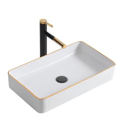 China Factory Supplier Modern High Quality And Cheap Price Ceramic White Basin With Painted Line Gold Bathroom Sink for sale