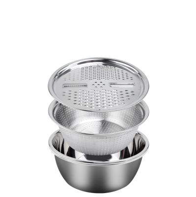 China Disposable Stainless Steel 3-In-1 Sieve Grater Sieve Colander Vegetable Salad Bowl Set Grating Sieve Bowl for sale