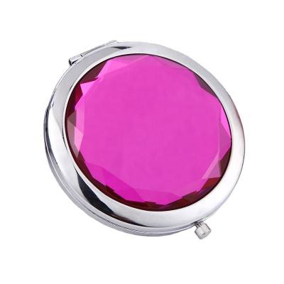 China Double Sided Fashion Foldable Metal Round Mini Compact Makeup Mirror With Diamond Shape Crystal Pocket Mirror red for sale