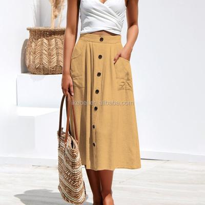 China New Viable Summer Women Button Long Pocket Skirt Loose Casual Summer Beach Pleated Maxi Skirts for sale